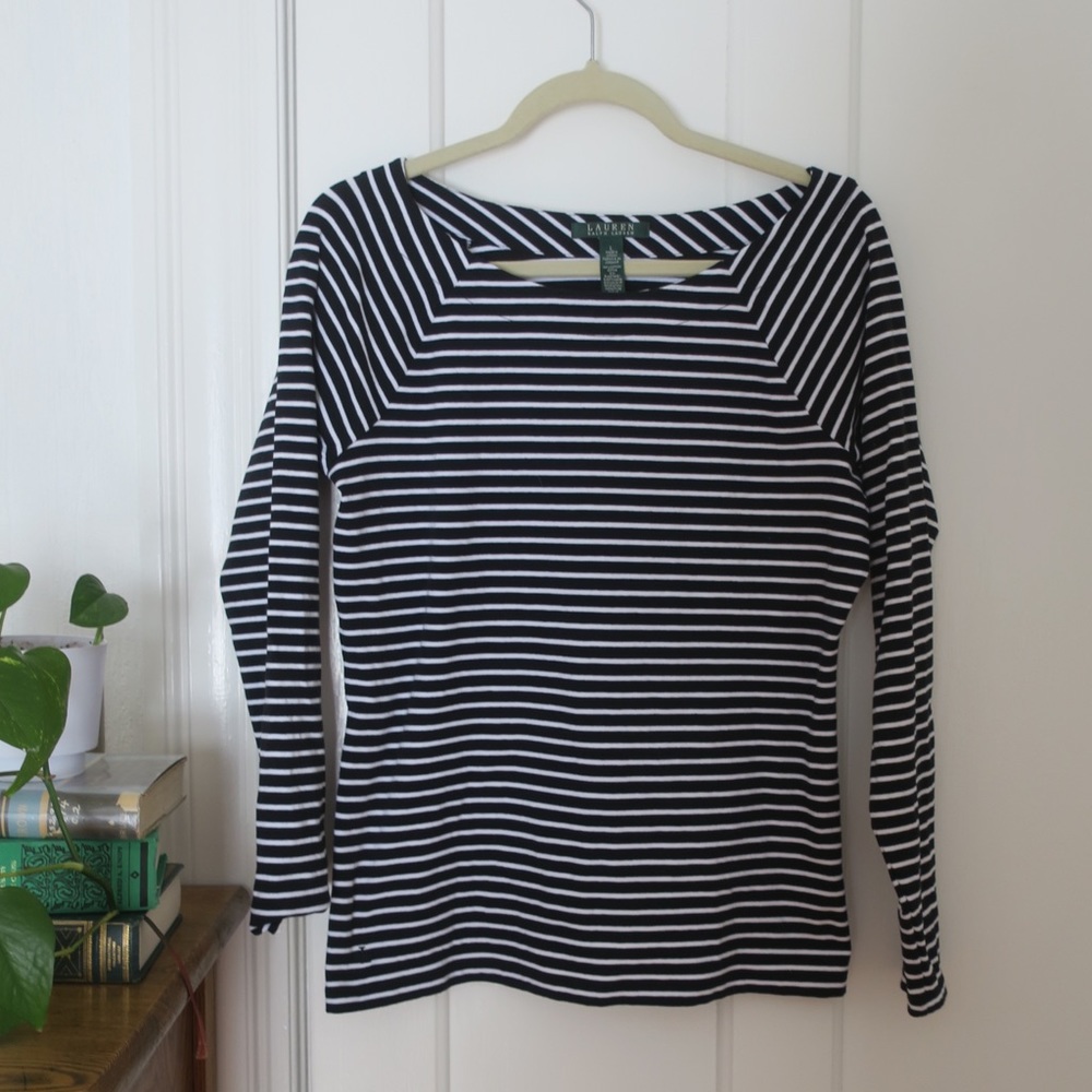 Ralph Lauren Black & White Stripe Boatneck Top, L